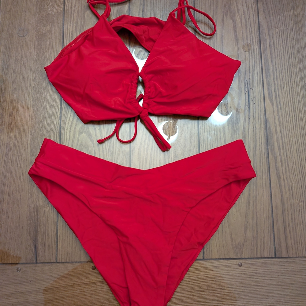 Meetall Women's High Cut String Triangle Bikini Set Swimsuits Red Size Multiple